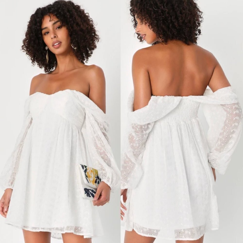 🌻 LULUS Sophisticated Darling White Eyelet Off-the-Shoulder Mini Dress Small